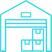 Teal outline icon of a storage warehouse with stacked boxes