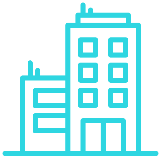 Teal outline icon of office and commercial buildings
