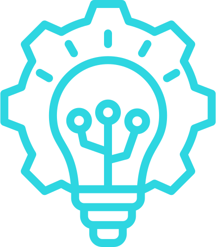 Teal outline icon of a light bulb inside a gear representing smart vending solutions
