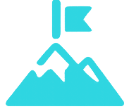 Teal icon of a mountain peak with a flag at the summit