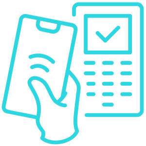 Teal outline icon of a contactless card payment at a terminal