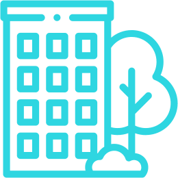 Teal icon of an apartment building and tree representing property management