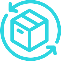 Teal package icon surrounded by circular arrows representing returns or restocking