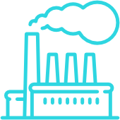 Teal outline icon of a manufacturing facility with smokestacks