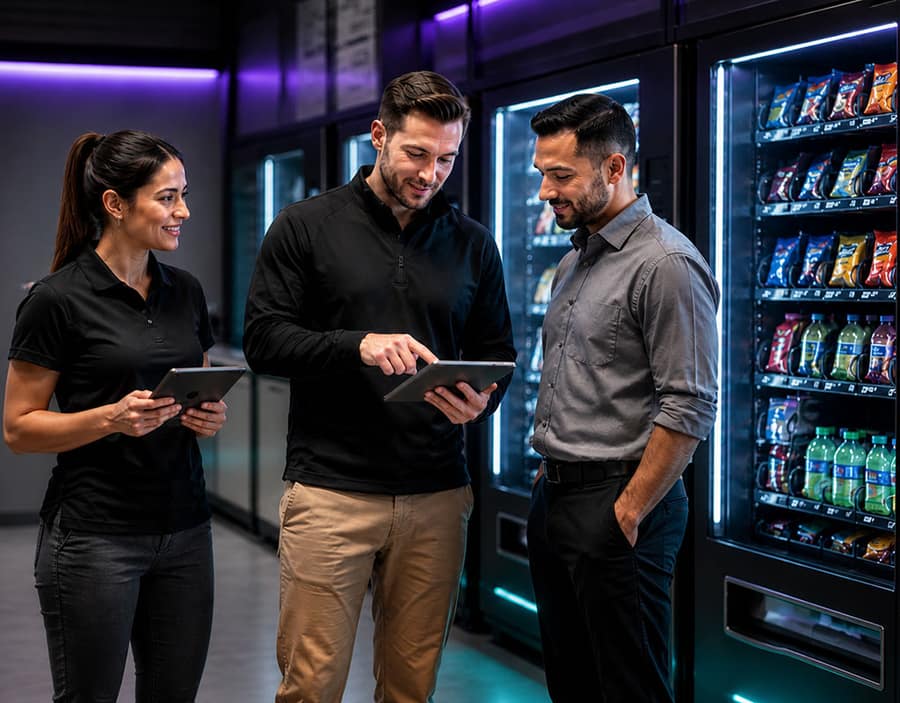 Three vending service professionals reviewing tablets beside modern snack and drink vending machines