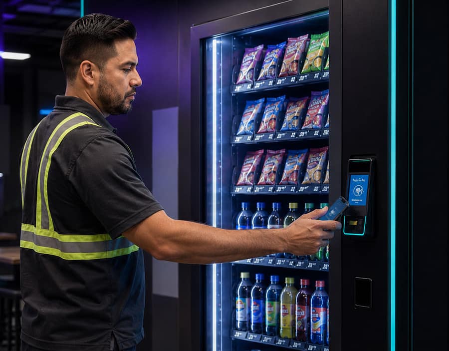 Vending service worker using the payment terminal on a stocked snack and drink vending machine