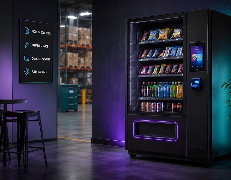 Modern cashless vending machine stocked with snacks and drinks in a warehouse break area