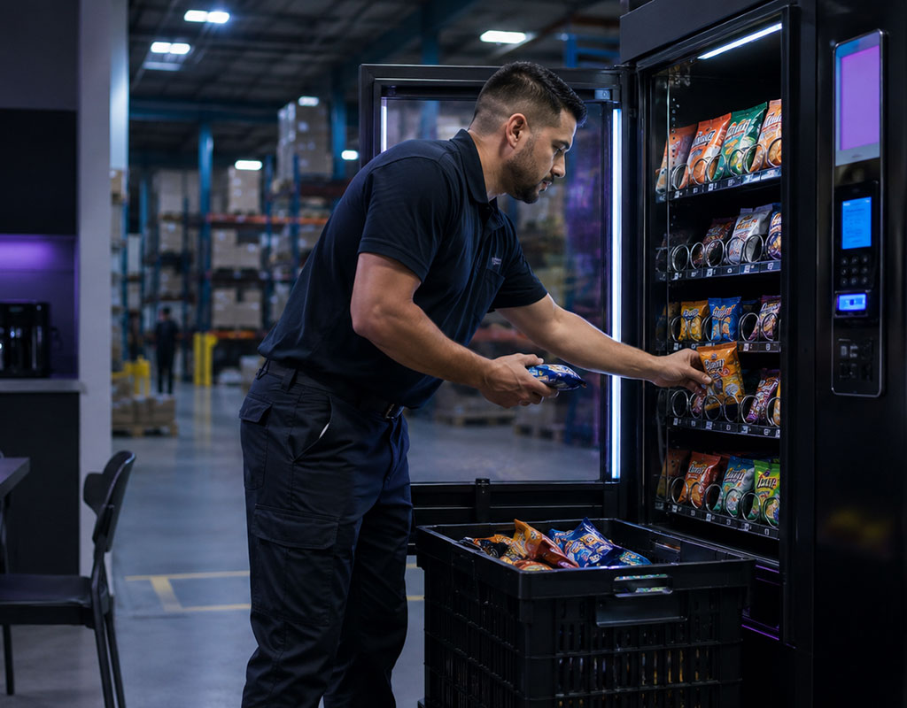 Vending service worker restocking snacks in a vending machine inside a warehouse