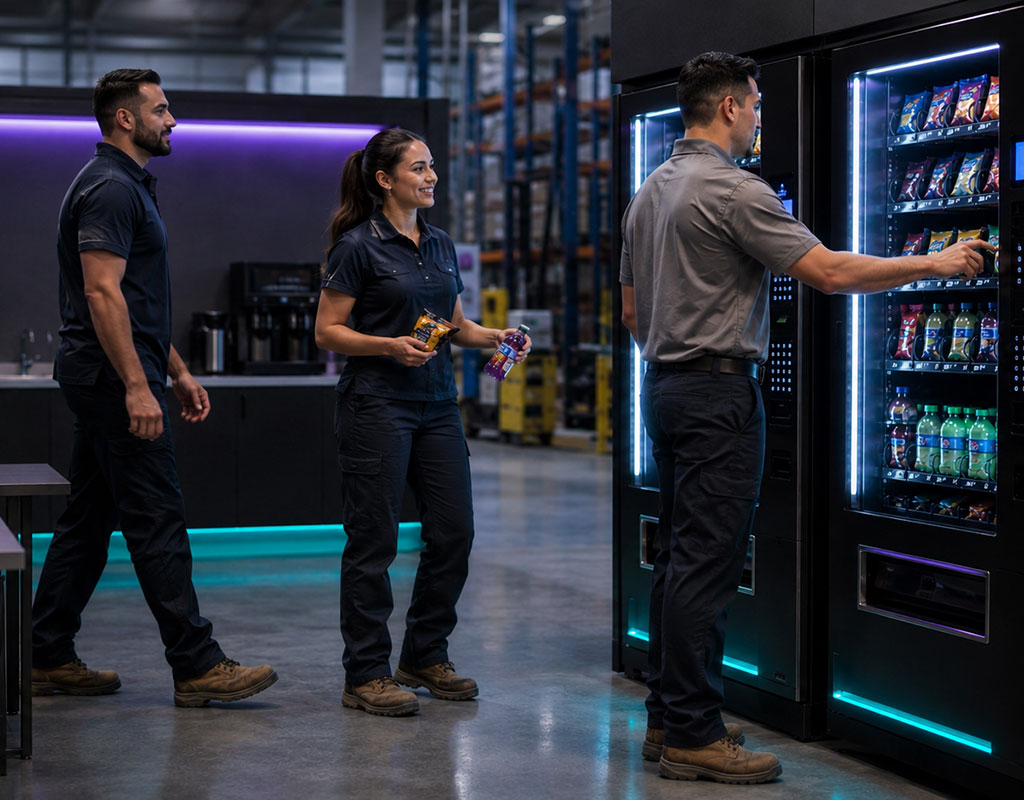 Three vending service workers checking and restocking snack and drink machines in a warehouse