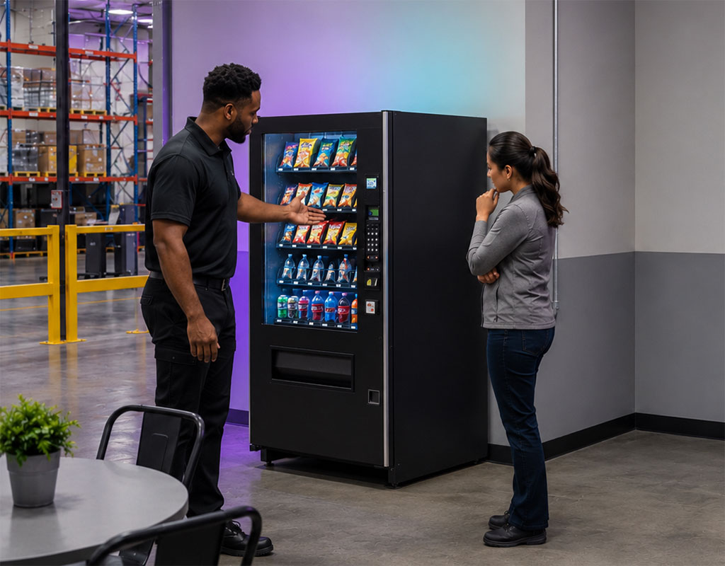 Vending service representative showing an employee the snack and drink options in a workplace vending machine