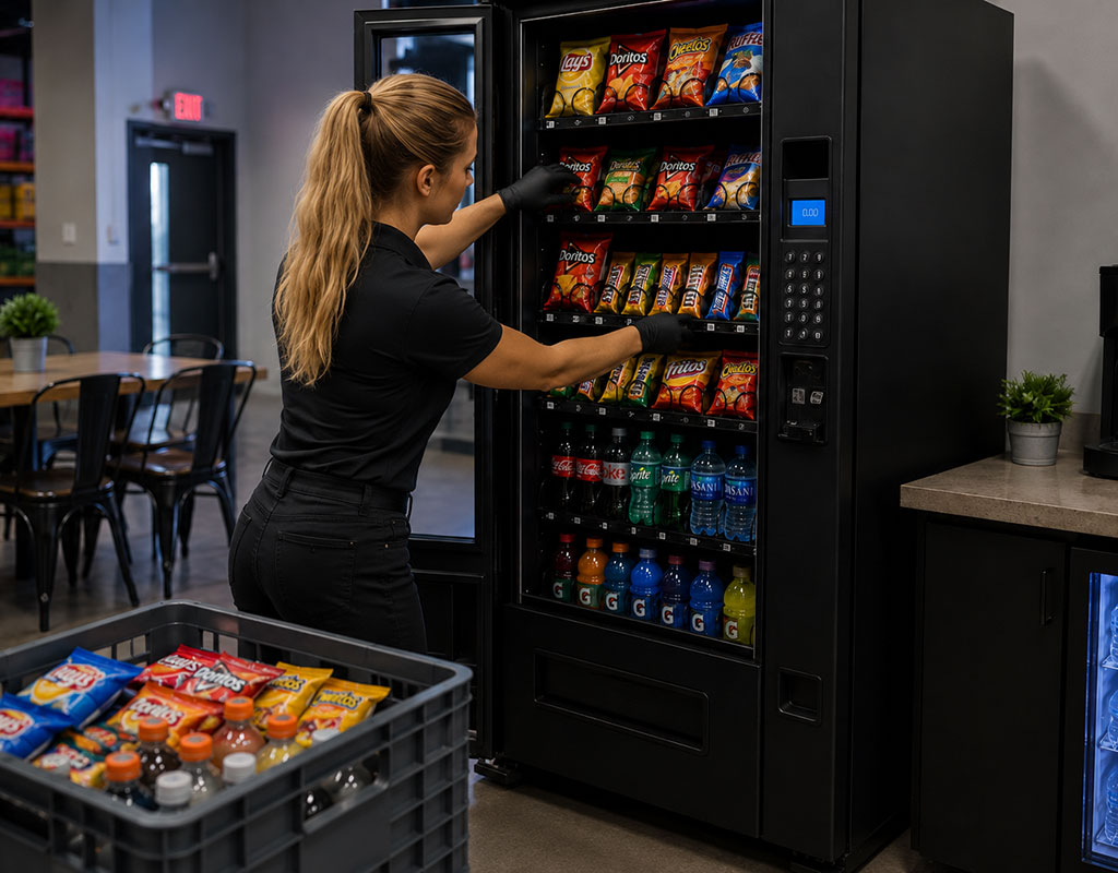 Vending service worker restocking snacks and drinks in a workplace vending machine