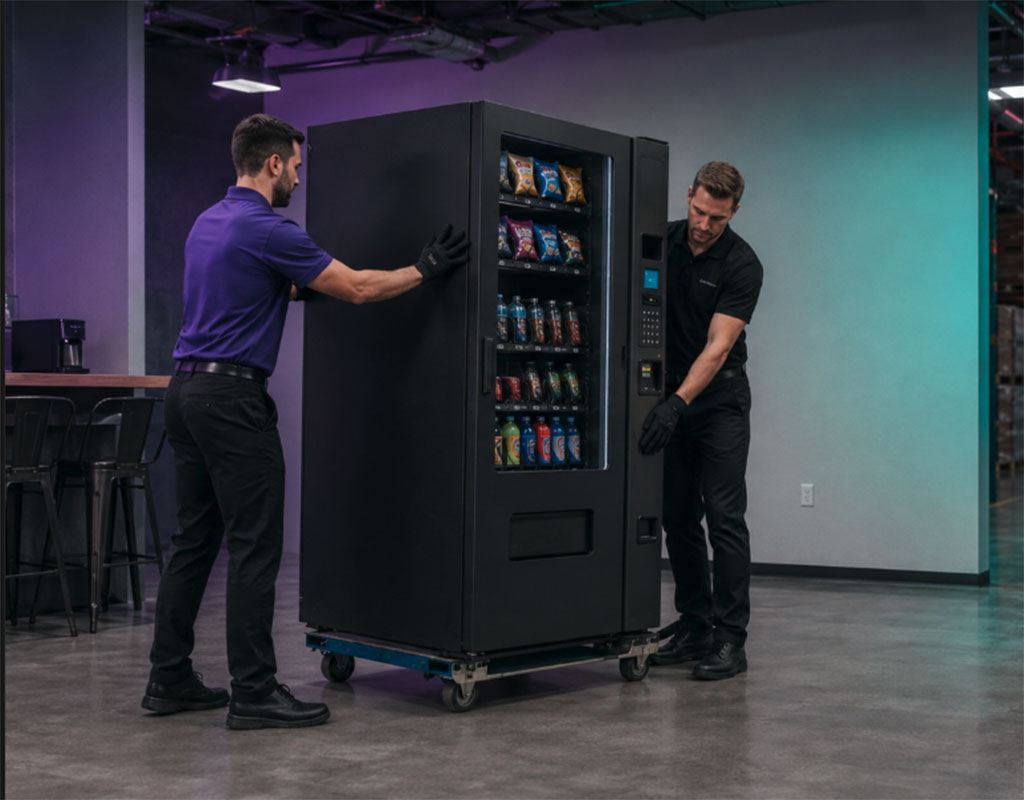 Two vending technicians positioning a stocked snack and drink machine in a workplace