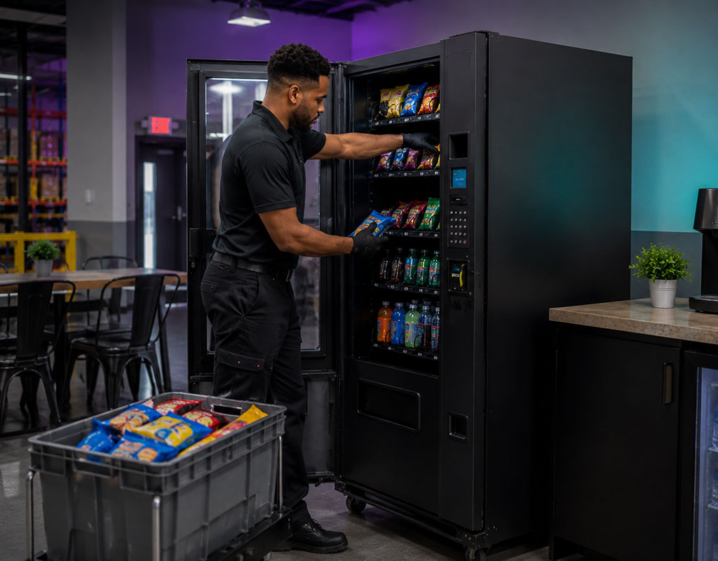 Vending service worker refilling a snack and drink machine in a workplace break room