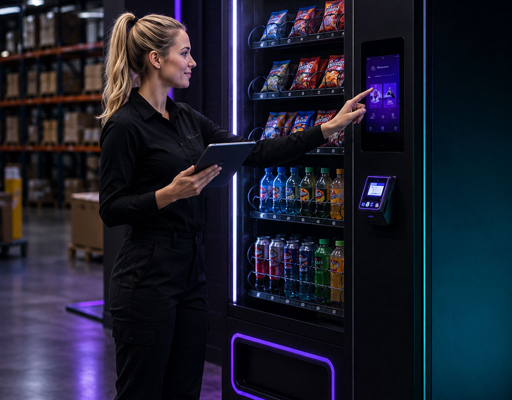 Vending technician using a touchscreen while inspecting a stocked snack and drink machine