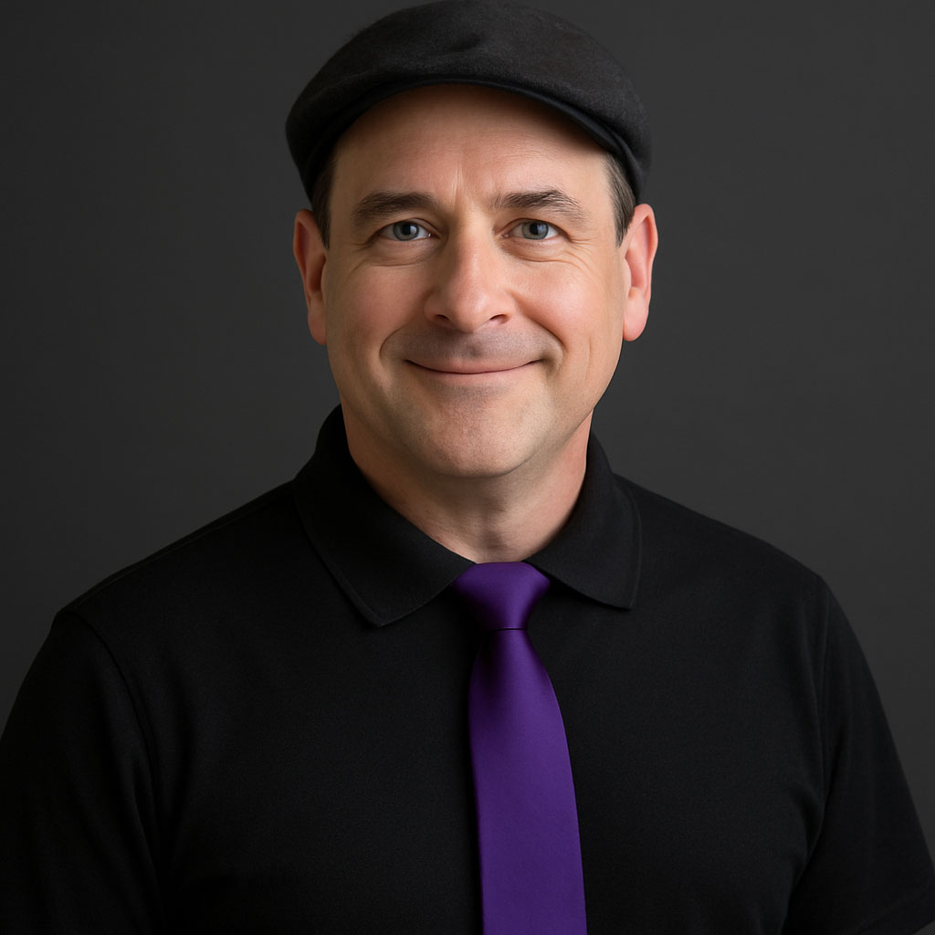 Portrait of a smiling vending service professional wearing a black cap and purple tie